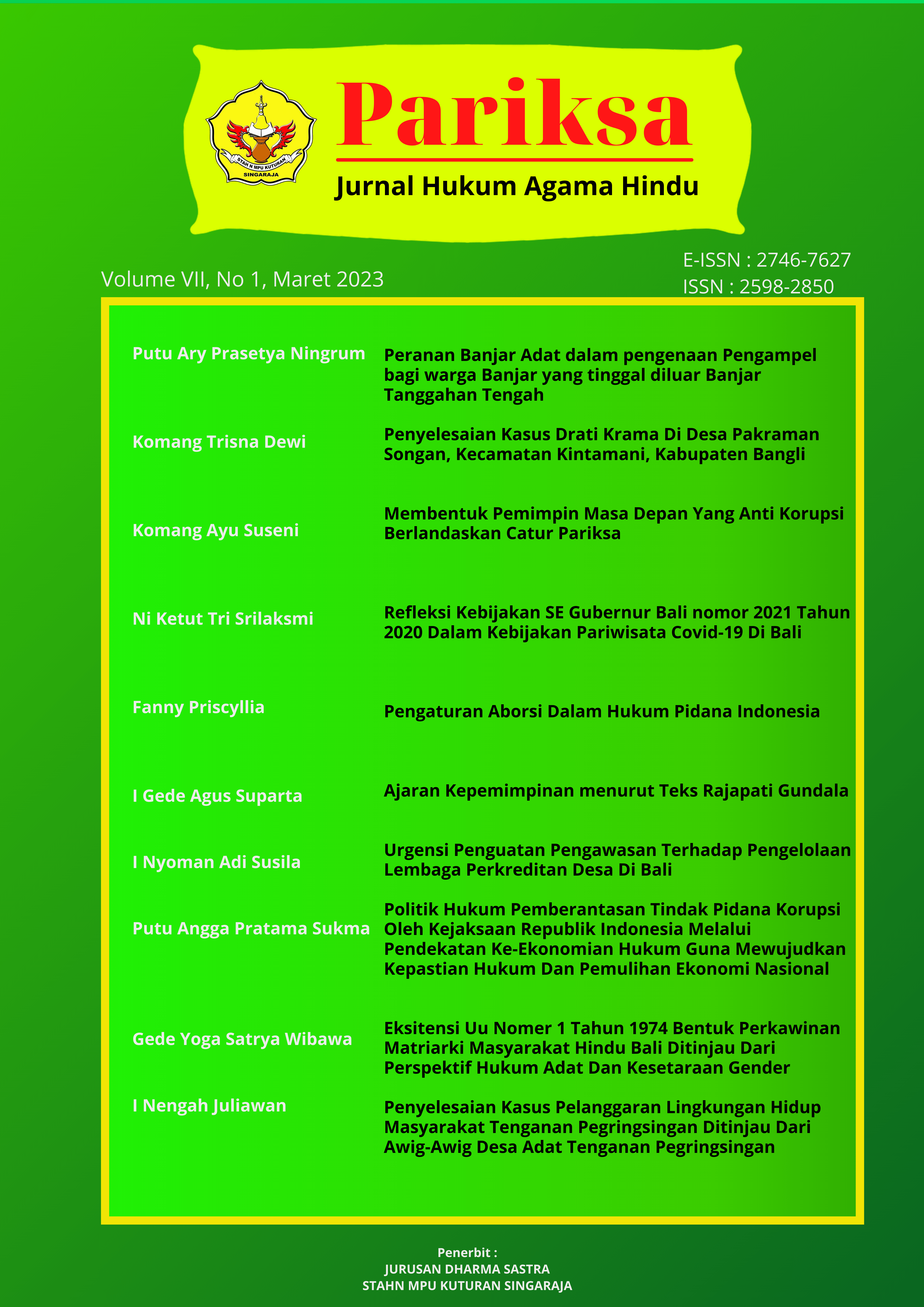 					View Vol. 7 No. 1 (2023): JURNAL PARIKSA - HUKUM AGAMA HINDU
				
